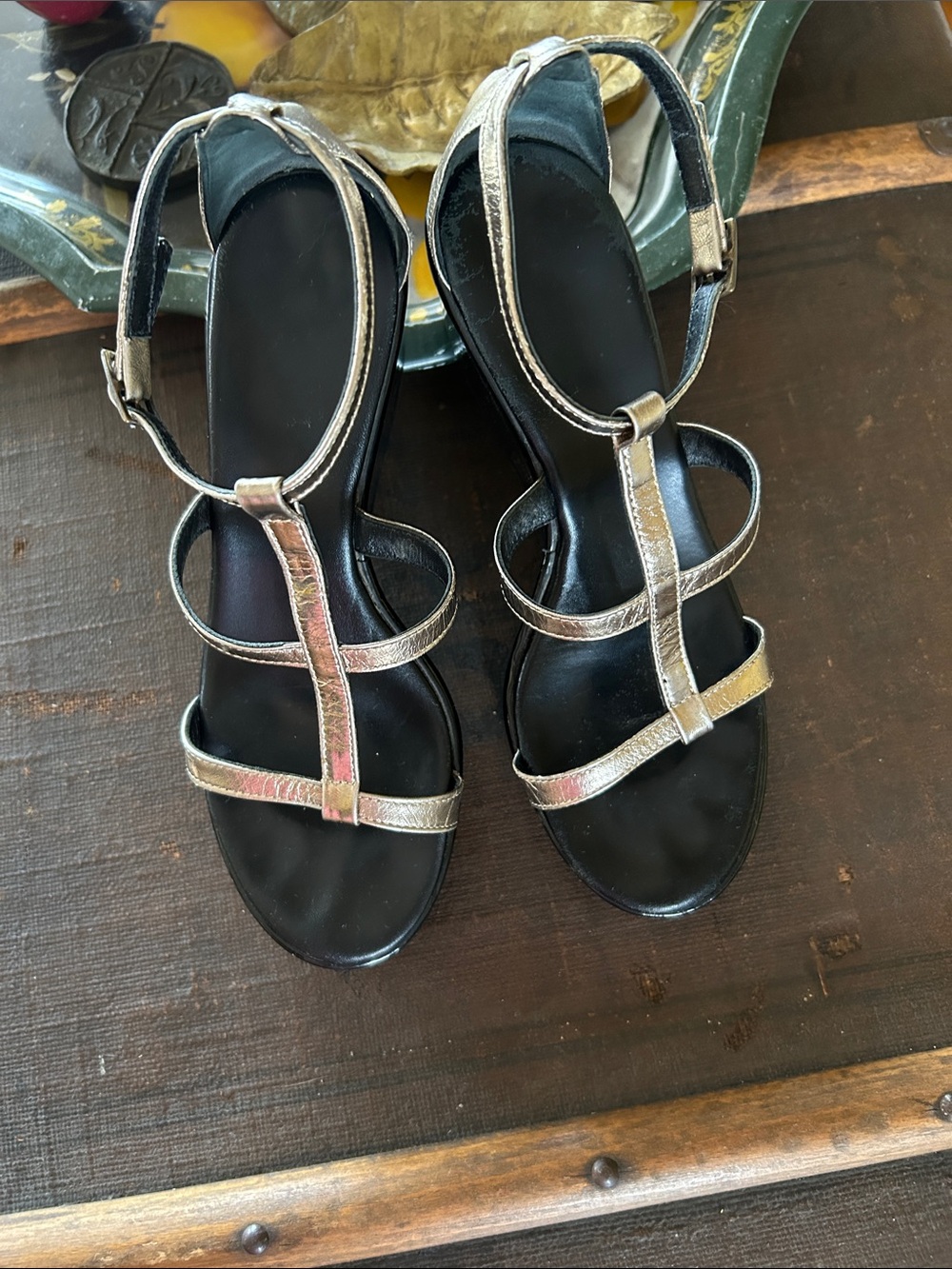 Cordani Silver Metallic T-Strap Sandals with Black Footbed